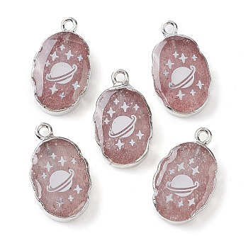 Natural Strawberry Quartz Oval Pendants, Platinum Plated Brass Oval Charms with Planet, 22~22.5x13~13.5x4.5mm, Hole: 1.6~1.8mm