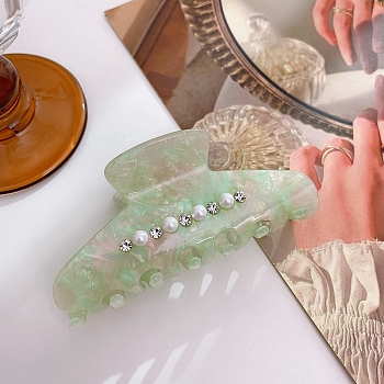 Cellulose Acetate(Resin) Claw Hair Clip, Rhinestones Pearl Style for Women Girls, Light Green, 94x42x41mm