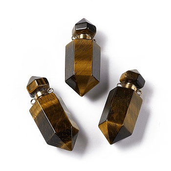 Faceted Bullet Natural Tiger Eye Perfume Bottle Pendants, Essentail Oil Diffuser Charm, with Golden Tone Metal Findings, for Jewelry Making, 42~45x16~17x16~17mm, Hole: 2mm