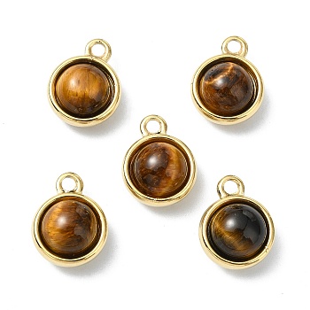 Natural Tiger Eye Charms, 304 Stainless Steel Charms, Real 14K Gold Plated, Half Round, 13.5x10.5x7mm, Hole: 2mm