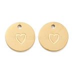 Ion Plating(IP) 304 Stainless Steel Charms, Flat Round with Heart, Real 18K Gold Plated, 11.5x1mm, Hole: 1.5mm(STAS-P280-07G)