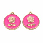 Rack Plating Alloy Pendants, with Enamel, Cadmium Free & Lead Free, Flat Round with Rose, Light Gold, Deep Pink, 20.5x18x2mm, Hole: 1.6mm(PALLOY-S132-237B-RS)