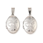316 Stainless Steel Locket Pendants, Oval with Heart Charm, with 304 Stainless Steel Snap on Bails, Stainless Steel Color, 24x16x6mm, Hole: 7x3mm, Inner Diameter: 14.5x10.5mm(STAS-K321-04P)