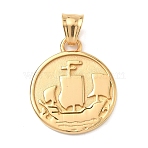 304 Stainless Steel Pendants,  Flat Round with Sailing Boat, Manual Polishing, Ion Plating(IP), Real 18K Gold Plated, 29.5x25x2.5mm, Hole: 5.5x6.5mm(STAS-D207-07G)