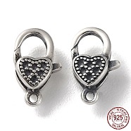 925 Thailand Sterling Silver Lobster Claw Clasp Rhinestone Settings, Heart, with 925 Stamp, Antique Silver, Fit for 0.9mm Rhinestone, 12.5x7.5x4mm, Hole: 1.2mm(STER-D003-50AS)