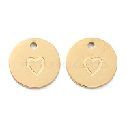 304 Stainless Steel Charms, Flat Round with Heart, Real 18K Gold Plated, 11.5x1mm, Hole: 1.5mm(STAS-P280-07G)