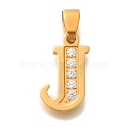 Ion Plating(IP) 304 Stainless Steel Rhinestone Pendants, Letter J, 17~19x10.5~18x2mm, Hole: 6.5x3.5mm(STAS-U035-01G-J)