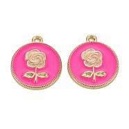 Rack Plating Alloy Pendants, with Enamel, Cadmium Free & Lead Free, Flat Round with Rose, Light Gold, Deep Pink, 20.5x18x2mm, Hole: 1.6mm(PALLOY-S132-237B-RS)