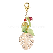 Iron Monstera Leaf Pendant Decoration, with Glass Leaf and Alloy Clasp, Golden, 75mm(HJEW-JM01467)