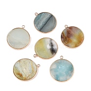 Natural Amazonite Pendants, Flat Round Charms, with Golden Plated Brass Frame, 35x31x3~3.5mm, Hole: 2.5mm(G-A213-01G-02)