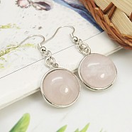 Fashion Natural Rose Quartz Earrings, with Brass Earring Hooks, Half Round/Dome, 44~45x18~19mm, Pin: 0.6mm(EJEW-E003-2)