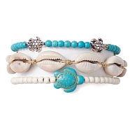 3Pcs 3 Style Synthetic Turquoise & Alloy Tortoise Stretch Bracelets Set, Natural Shell Braided Bead Adjustable Bracelets, Inner Diameter: 2-1/8~3-1/8 inch(5.5~8cm), 1Pc/style(BJEW-TA00452)