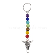 Tibetan Style Alloy Bull Head Kcychain, with Chakra Gemstone Bead and Stainless Steel Findings, 11.4cm(HJEW-JM01311-01)