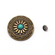 1-Hole Alloy & Turquoise Buttons, Flat Round with Chrysanthemum Pattern, for DIY Luggage and Hardware Accessaries, Dark Turquoise, 30x8.8~9.3mm, Hole: 2.5mm(PALLOY-WH0092-09K-AB)
