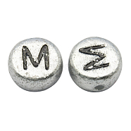 Silver Color Plated Acrylic Horizontal Hole Letter Beads, Flat Round, Letter.M, 7x3.5mm, Hole: 1mm, about 108pcs/15g(X-PB43C9070-M)