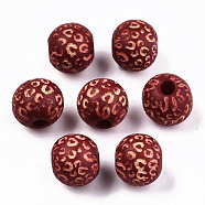 Painted Natural Wood Beads, Laser Engraved Pattern, Round with Leopard Print, FireBrick, 10x8.5mm, Hole: 2.5mm(WOOD-T021-53A-08)