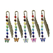 Butterfly Alloy Enamel Pendant Bookmark with Chakra Gemstone Bead, Alloy Feather Bookmarks, Mixed Color, 140x14.5x3.5mm(AJEW-JK00253)