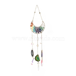 Gemstone Chips Beaded Moon Hanging Sun Catchers, with Glass Teardrop & Star and Natural Agate, with Iron Findings, 430mm(HJEW-M004-03)