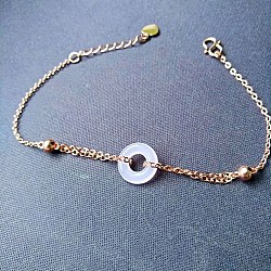 Brass Bracelets, with Disc Glass Imitation Rose Quartz, Pearl Pink, Rose Gold, 7 inch(17.7cm)(SJEW-BB66873-B)