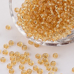 6/0 Glass Seed Beads, Silver Lined Round Hole, Round, Pale Goldenrod, 6/0, 4mm, Hole: 1.5mm, about 500pcs/50g, 50g/bag, 18bags/2pounds(SEED-US0003-4mm-22)