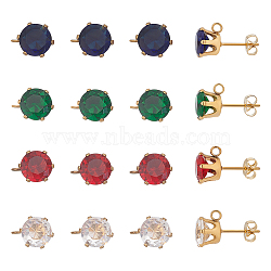 8Pcs 4 Color Ion Plating(IP) 304 Stainless Steel Stud Earring Findings, with Cubic Zirconia & Vertical Loops, Flat Round, with 8Pcs Ear Nuts, Mixed Color, 10.5x8mm, Hole: 1.8mm, Pin: 1mm, 2Pcs/color(STAS-UN0050-60)