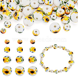 40Pcs 4 Styles Handmade Porcelain Beads, Round with Sunflower Pattern, Bright Glazed Porcelain, Mixed Color, 6~12mm, Hole: 1.6~2mm, 10pcs/style(PORC-TADJ0001-08A)