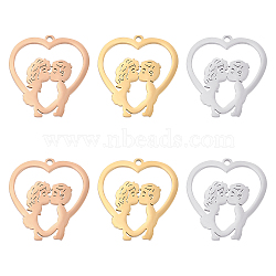 Unicraftale 6Pcs 3 Colors 304 Stainless Steel Pendants, Heart with Boy and Girl Kiss Pattern, Mixed Color, 24.5x23.5x1.4mm, Hole: 1.6mm, 2pcs/color(STAS-UN0030-37)