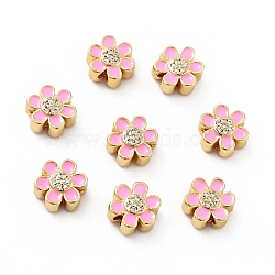 Flower Brass Micro Pave Clear Cubic Zirconia Beads, Real 18K Gold Plated, with Enamel, Cadmium Free & Nickel Free & Lead Free, Pearl Pink, 10x9x5mm, Hole: 1.8mm(KK-G419-06G-05)