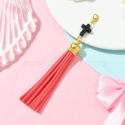 Cross Acrylic & Faux Suede Tassel Pendant Decorations, with Alloy Lobster Claw Clasps, Light Coral, 120mm(HJEW-YW00078-07)