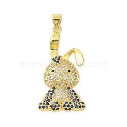 Rack Plating Brass Micro Pave Cubic Zirconia Pendants, Cadmium Free & Lead Free, Long-Lasting Plated, Rabbit, Real 18K Gold Plated, Black, 32x17x8mm, Hole: 4x3mm(KK-S380-38C-G)