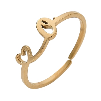 304 Stainless Steel Cuff Rings for Women, Heart with LetterA~Z, Real 18K Gold Plated, Letter O, 5mm, inner diameter: adjustable.