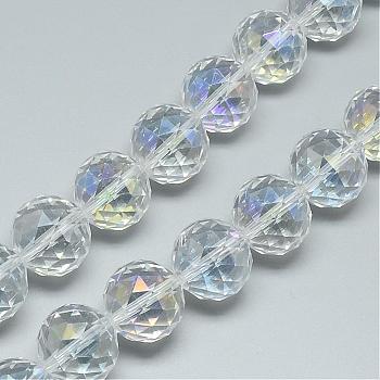 Electroplate Glass Bead Strands, AB Color Plated, Faceted, Round, Clear, 13~14x13~14mm, Hole: 1.5mm, about 50pcs/strand, 26 inch