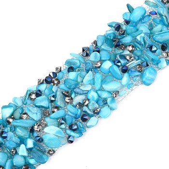 Hotfix Rhinestone, with Shell Beads and Rhinestone Trimming, Crystal Glass Sewing Trim Rhinestone Tape, Costume Accessories, Sky Blue, 25mm