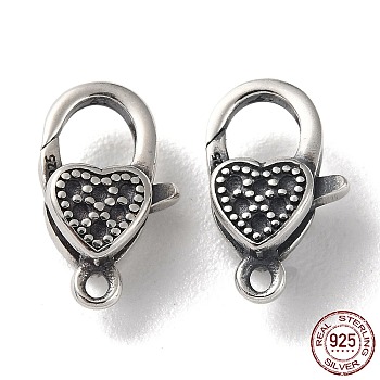 925 Thailand Sterling Silver Lobster Claw Clasp Rhinestone Settings, Heart, with 925 Stamp, Antique Silver, Fit for 0.9mm Rhinestone, 12.5x7.5x4mm, Hole: 1.2mm