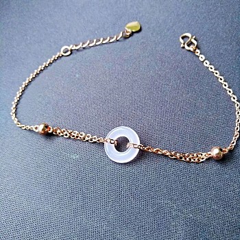 Brass Bracelets, with Disc Glass Imitation Rose Quartz, Pearl Pink, Rose Gold, 7 inch(17.7cm)