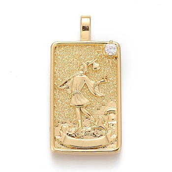 Brass Micro Pave Clear Cubic Zirconia Pendants, Real 18K Gold Plated, Tarot Card Charms, The Fool, The Fool 0, 30x15x4mm, Hole: 3~4mm