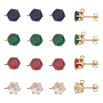 8Pcs 4 Color Ion Plating(IP) 304 Stainless Steel Stud Earring Findings, with Cubic Zirconia & Vertical Loops, Flat Round, with 8Pcs Ear Nuts, Mixed Color, 10.5x8mm, Hole: 1.8mm, Pin: 1mm, 2Pcs/color