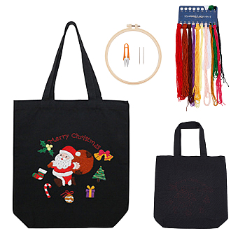 Christmas Theme DIY Canvas Tote Bag Santa Claus Embroidery Making Kit, with Steel Needles & Scissor, Plastic Embroidery Hoop & Polycotton Thread, Instruction, Mixed Color, 50~600x1~330x1~100mm, 8pcs/set