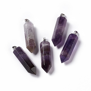 Natural Amethyst Double Terminated Pointed Pendants, with Platinum Tone Brass Findings, Bullet, 39x10x10mm, Hole: 3x6mm