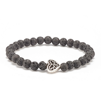 Natural Lava Rock Stretch Bracelet with Alloy Heart Beaded, Essential Oil Gemstone Jewelry for Women, Inner Diameter: 2-1/8 inch(5.3cm)