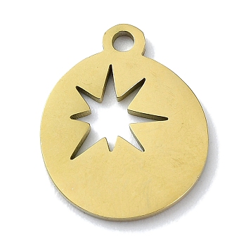 304 Stainless Steel Pendants, Laser Cut, Flat Round with Star Charm, Golden, 15.5x12.5x1mm, Hole: 1.5mm