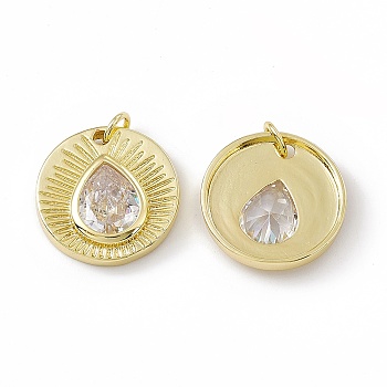 Brass Cubic Zirconia Charms, Real 18K Gold Plated, with Jump Ring, Flat Round with Teardrop Charm, Clear, 18x4mm, Hole: 3mm