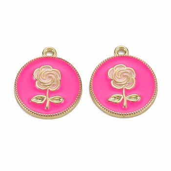 Rack Plating Alloy Pendants, with Enamel, Cadmium Free & Lead Free, Flat Round with Rose, Light Gold, Deep Pink, 20.5x18x2mm, Hole: 1.6mm