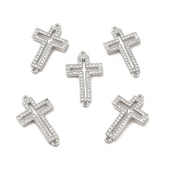 Brass Micro Pave Clear Cubic Zirconia Connector Charms, Religion Cross Links, Platinum, 22.5x13.5x2.5mm, Hole: 1.5mm