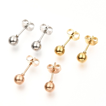 304 Stainless Steel Ball Stud Earrings, Round, Mixed Color, 16x5mm, Pin: 0.8mm, 3 pairs/board
