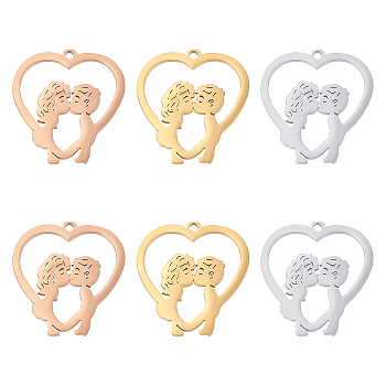 Unicraftale 6Pcs 3 Colors 304 Stainless Steel Pendants, Heart with Boy and Girl Kiss Pattern, Mixed Color, 24.5x23.5x1.4mm, Hole: 1.6mm, 2pcs/color
