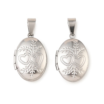 316 Stainless Steel Locket Pendants, Oval with Heart Charm, with 304 Stainless Steel Snap on Bails, Stainless Steel Color, 24x16x6mm, Hole: 7x3mm, Inner Diameter: 14.5x10.5mm
