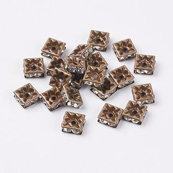 Brass Rhinestone Spacer Beads, Grade A, Nickel Free, Antique Bronze Metal Color, Square, Crystal, 8x8x4mm, Hole: 1mm