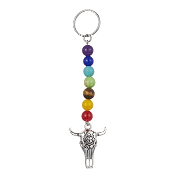 Tibetan Style Alloy Bull Head Kcychain, with Chakra Gemstone Bead and Stainless Steel Findings, 11.4cm