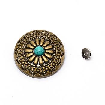 1-Hole Alloy & Turquoise Buttons, Flat Round with Chrysanthemum Pattern, for DIY Luggage and Hardware Accessaries, Dark Turquoise, 30x8.8~9.3mm, Hole: 2.5mm